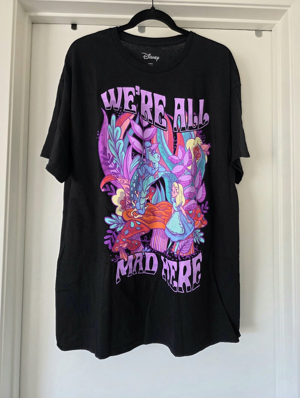 NEW Disney Alice in Wonderland T-Shirt We’re All Mad Here Neon Size XL Cotton